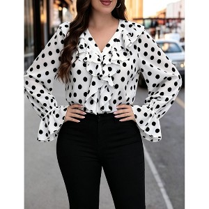 YESFASHION Women Plus Size Ruffle Trim V-Neck Polka Dot Flare