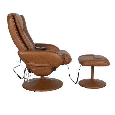 Brown Faux Leather Massaging Recliner with Ottoman and Metal Base