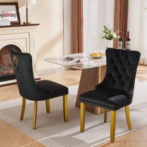 Akoasm 2-Piece Modern Velvet Upholstered Dining Chairs with Gold-Finished Wood Legs and Tacker Nail Accents-Black - 1 of 4