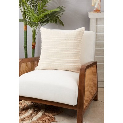 Beige Striped Cotton Blend Square Throw Pillow Cover