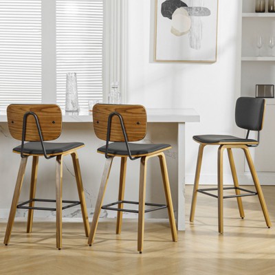 Bekrvio 26" Counter Height Bar Stools - PU Leather Upholstered with Backs, Bent Wood Legs, Mid Century Modern Counter Stools for Kitchen Island