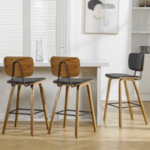 Bekrvio 26" Counter Height Bar Stools - PU Leather Upholstered with Backs, Bent Wood Legs, Mid Century Modern Counter Stools for Kitchen Island - 1 of 4