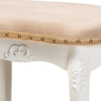 Gabrielle Sand Velvet Upholstered White Wood Vanity Ottoman
