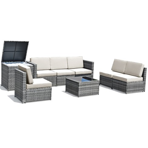 Tangkula 8-piece Outdoor Wicker Rattan Conversation Sofa Set W/ Storage ...