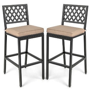 Costway Set of 2 Outdoor Bar Height Dining Chairs Patio Metal Bar Stools  with Cushion - 1 of 4
