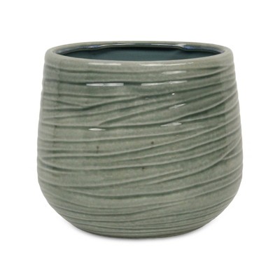 Cheung's Fairloam Round Curved Wave Lined Pattern Ceramic Pot- X-Large - Green