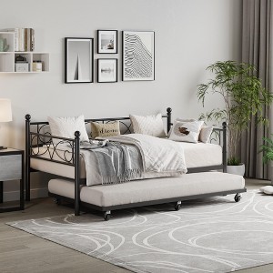 Coolmee Daybed with Trundle Bed, Twin Size Metal Day Bed with Floral Headboard, Modern Sofa Bed Frame, Heavy Duty Steel Slats Supports - 1 of 4