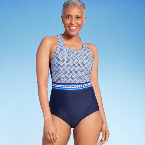 Lands' End Women's UPF 50 Full Coverage Geo Border Print High Neck Tugless  One Piece Swimsuit - Blue XL