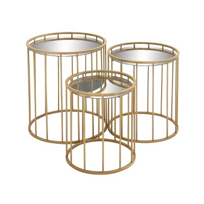 Olivia & May Set of 3 Contemporary Metal Accent Tables Gold: Round Glass Top, No Assembly Required