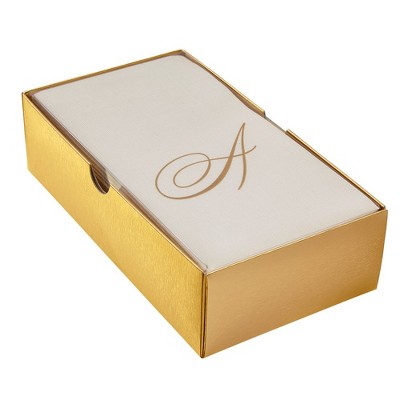LINEN FEEL DISPOSABLE MONOGRAMMED GUEST TOWELS | European Made | Initial “A” | 24 pc | for Upscale Wedding and Dining (Ivory/Gold)
