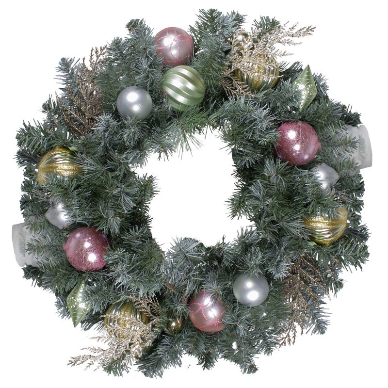 Northlight 24" Unlit Pre-Decorated Pink and Gold Ornaments Frosted Artificial Christmas Wreath, 1 of 4