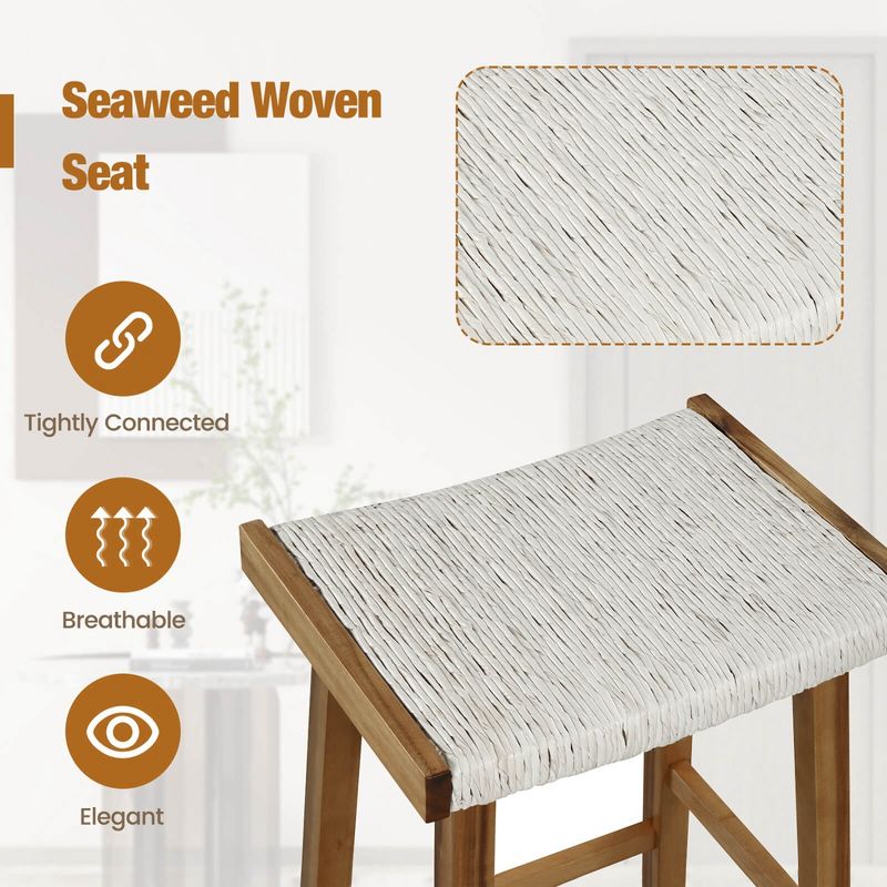 Costway 25.5'' Dining Saddle Stool Set of 2 Counter Height Seaweed Woven Seat Solid Wood, 5 of 8