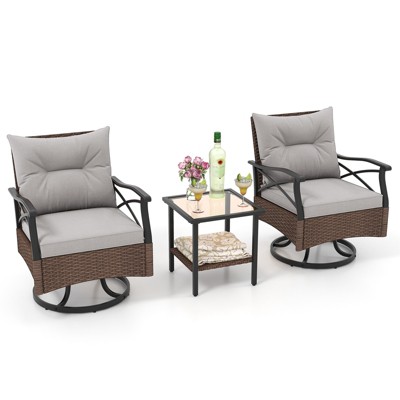 Tangkula Outdoor Swivel Rocking Chairs Set 360 Degree Patio Cushioned Rocker Chairs with 2-Tier Tempered Glass Side Table