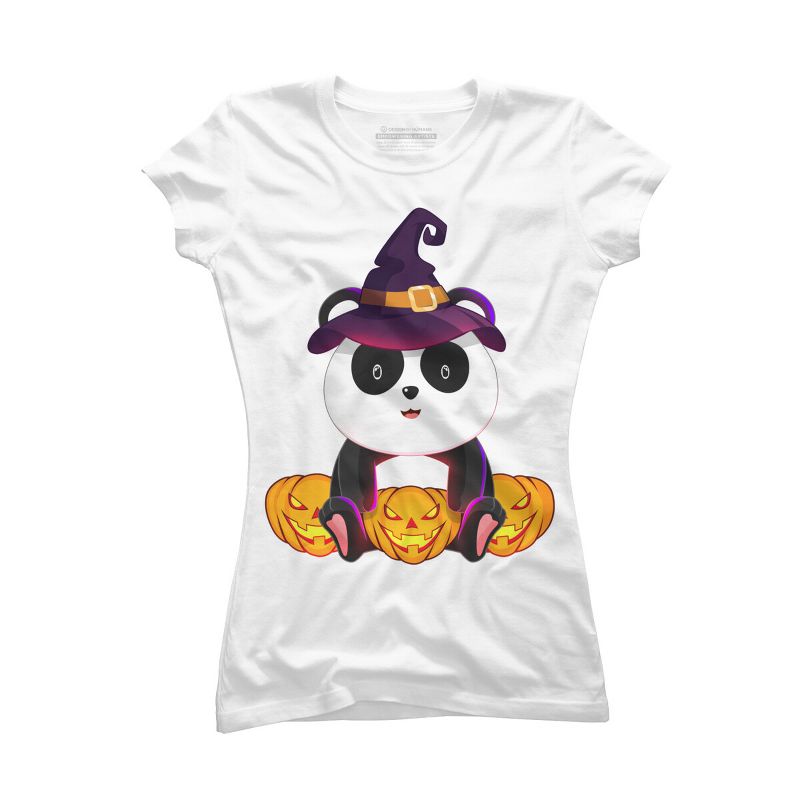 Junior's Design By Humans Cute Panda Mock up Witch With Jack O Lantern Halloween T-Shirt By thebeardstudio T-Shirt, 1 of 4