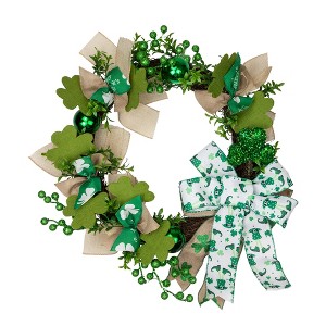 Northlight Burlap Bows and Shamrocks St. Patrick's Day Wreath, 24-Inch, Unlit - 1 of 4