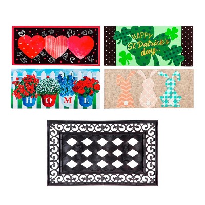Evergreen Indoor Outdoor Doormat Bundle Set of 5 - Frame and 4 Holiday Seasonal Inserts Valentine's Hearts Easter 4th of July and St. Patricks