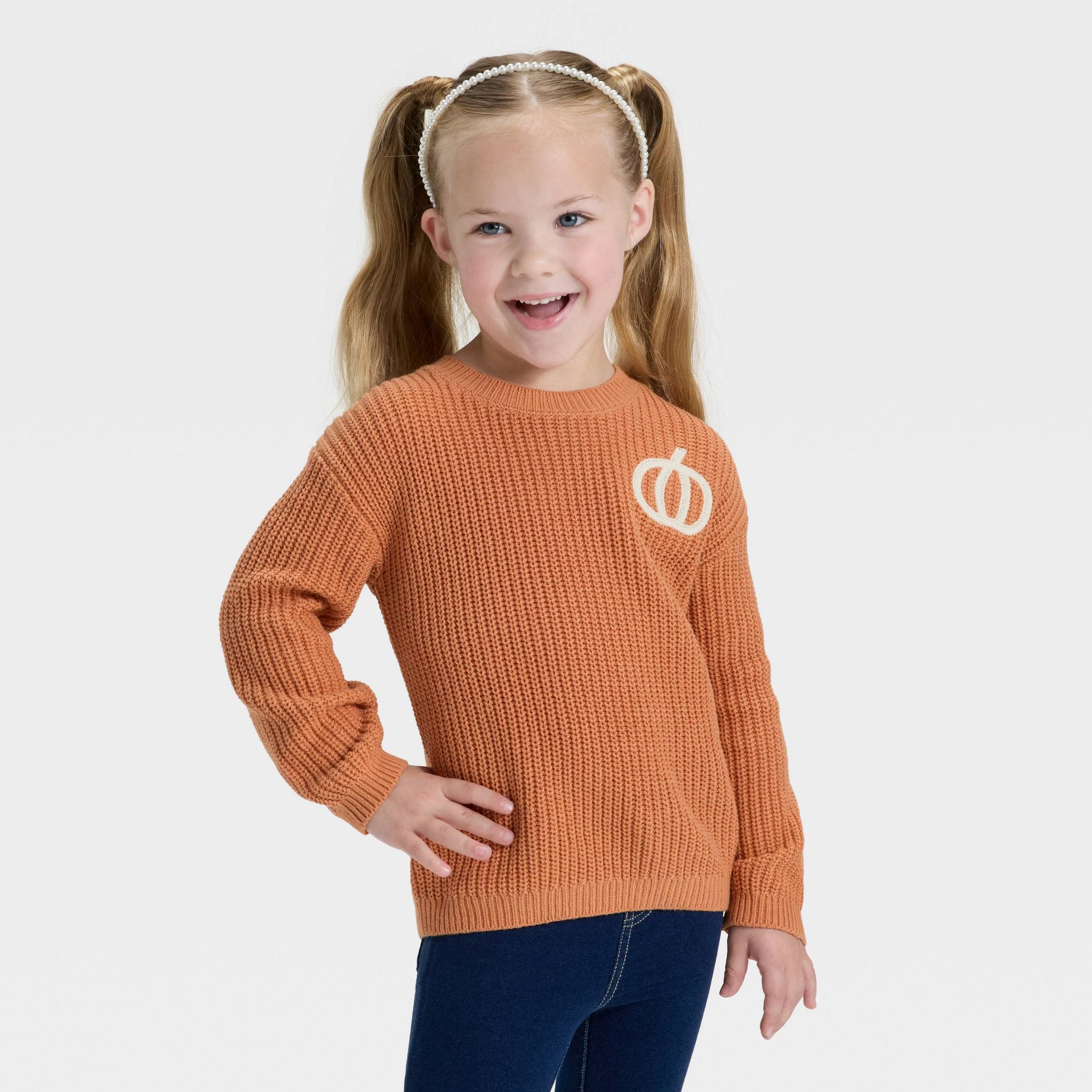 Toddler Girls' Halloween Pumpkin Sweater - Cat & Jack™ Orange 3T