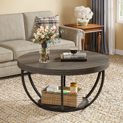 Hommoo Wooden Coffee Table, 2-Tier Round Central Cocktail Table with Shelves