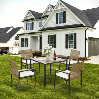 Racxily All Weather 5-Piece Patio Dining Table Sets, Patio Conversation Set Acacia Wood Table Top with Umbrella Hole