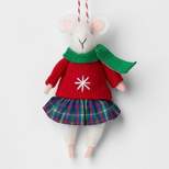 Fabric Mouse Wearing Scarf and Plaid Skirt Christmas Tree Ornament White/Green/Red - Wondershop™