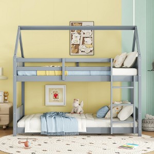 MAYEERTY Twin Rubber Wood Floor BUnk Bed with Ladder, Guardrails, House Shaped Bunk Bed Blue - 1 of 4