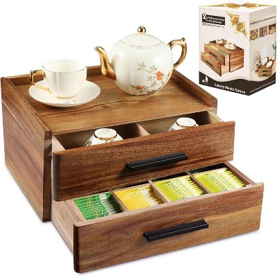 Double-Drawer Acacia Wood Tea Bag Organizer, 16-Compartment Tea Box, Storage Caddy for Countertop Cabinet