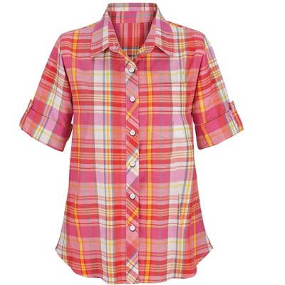 Collections Etc Bright Plaid Short Sleeve Shirt