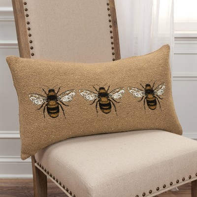 Beige Embroidered Bee Cotton Lumbar Pillow