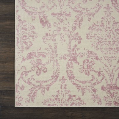 Ivory and Pink Synthetic Damask 7' x 10' Area Rug