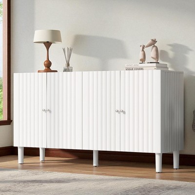 58" Modern Four-Door Sideboard with Wavy Pattern Doors, Cylindrical Legs & Metal Handles, Adjustable Storage for Living Room, Entryway