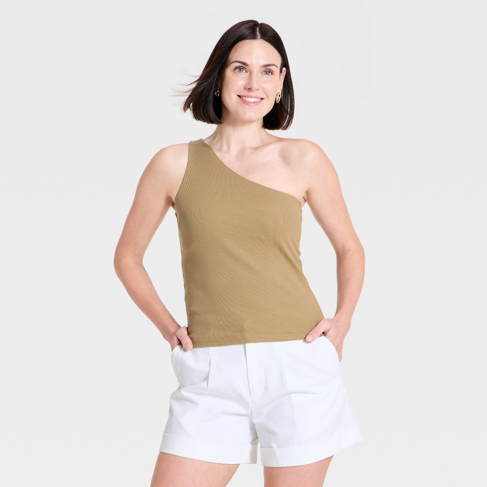 Women's One Shoulder Rib Knit Tank Top - A New Day™ Tan S