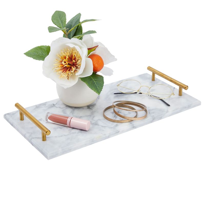 Rectangle Marble Serving Tray, Jewelry Trinket Tray, Perfume Tray, Bathroom Toilet Vanity Tray with Handle (White 15"x7.5"x0.4"), 3 of 10
