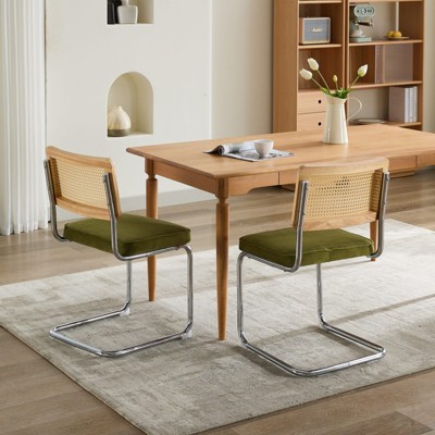 CENGHU Mid-Century Modern Dining Chairs Set of 2, Velvet Accent Chairs with Natural Cane Back & Stainless Chrome Base