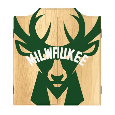 Milwaukee Bucks Wood Dartboard Cabinet Set with Steel Tip Darts