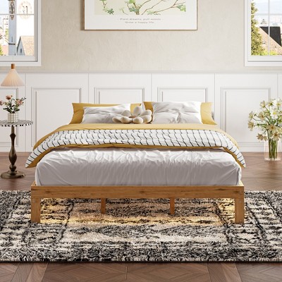 DOMETOUR Queen Size Wood Platform Bed Frame-12 Inch Solid Wood Queen Bed Frame with Slat Support, No Box Spring Needed, Easy Assembly-Rustic Pine
