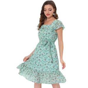 Allegra K Women's Floral Chiffon Flutter Sleeve Belted Square Neck Ruffled Hem Dress - 1 of 4