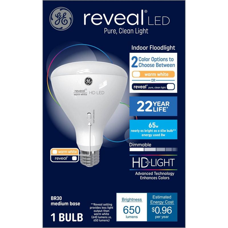 GE 8 Watts Color Select Warm White or Reveal Medium Base Reveal LED Indoor Floodlight Bulb, 5 of 7