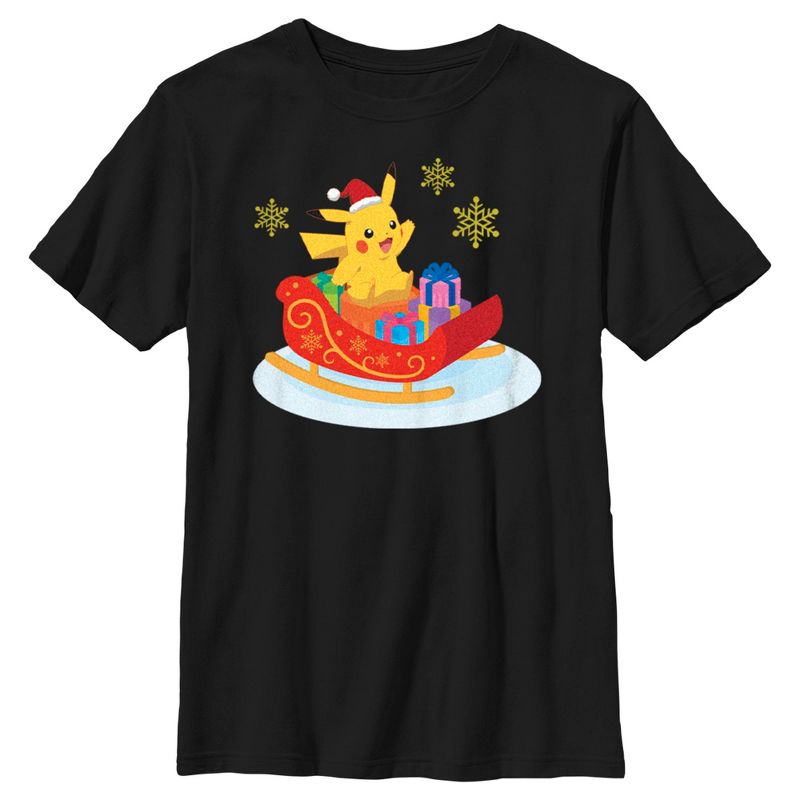Boy's Pokemon Christmas Pikachu Sleigh T-Shirt, 1 of 6