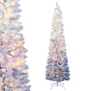 Costway 6/7 FT Snow-flocked Artificial Christmas Tree with 220 Warm White LED Lights, 8 Modes - 1 of 4