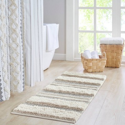 Asher Natural and Gray Cotton Blend Striped Bath Rug