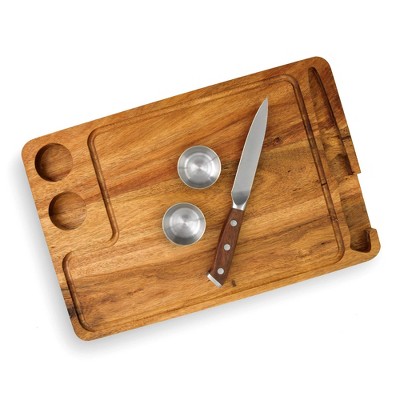 Acacia Wood Steak Board Set with Sauce Cups and Knife, 3 Pack