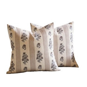 Floral Throw Pillow Covers 18x18 Set of 2 Block Print Pillow Covers Neutral Floral Striped - 1 of 3