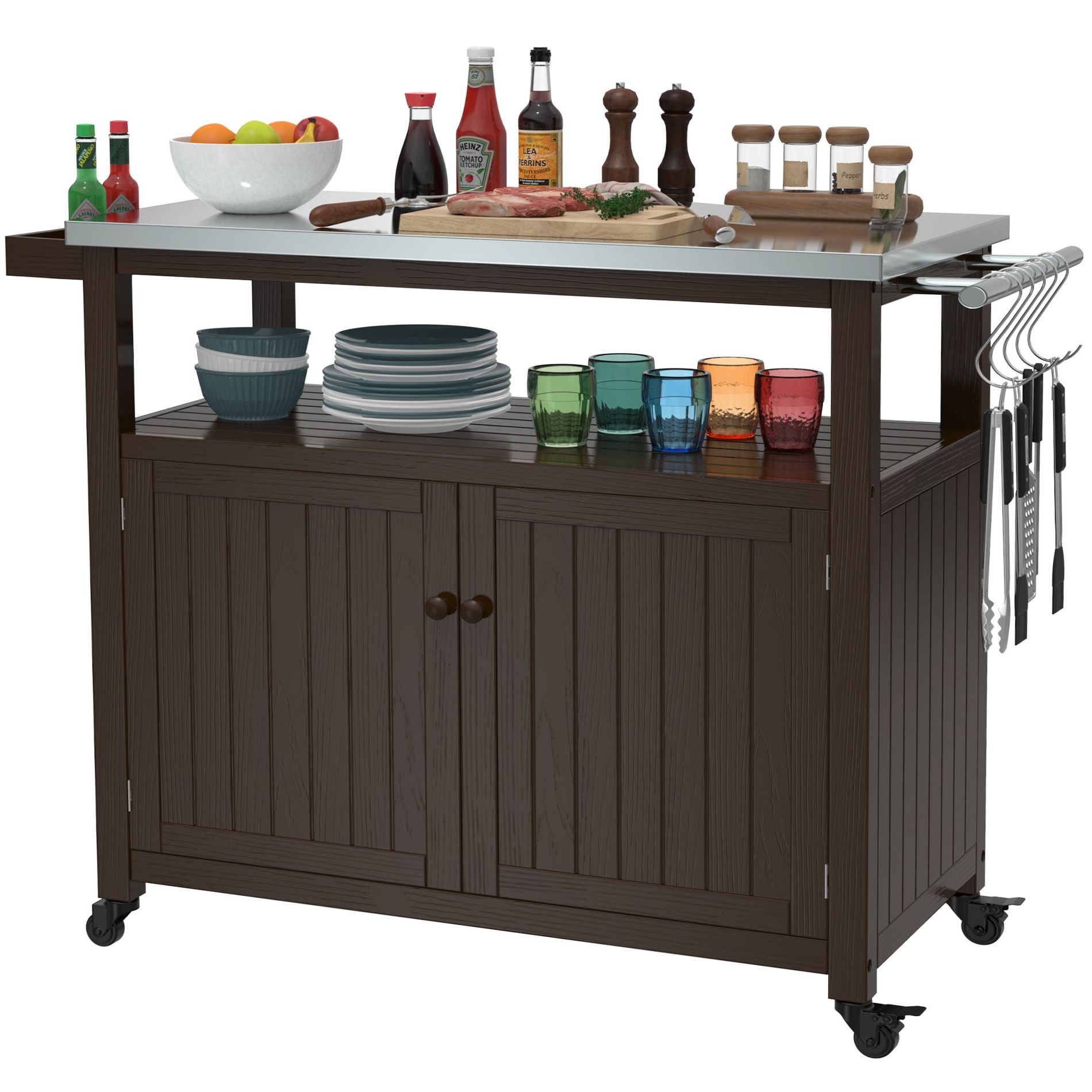 Outdoor Prep Table Grill Station, Solid Wood Movable Dining Cart Table, Dark Brown Dark Brown