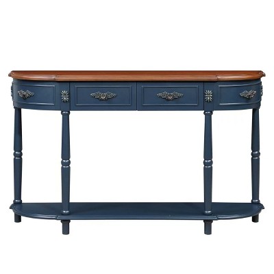 Hostack 52'' Retro Curved Wood Console Table with Open Shelf and 2 Drawers for Living Room and Hallway, Navy Blue and Brown Top
