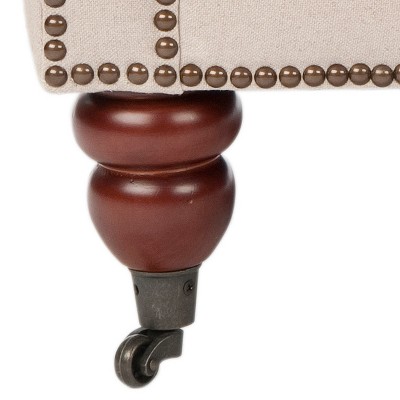 Beige Linen Arm Chair with Dark Cherry Wood Legs