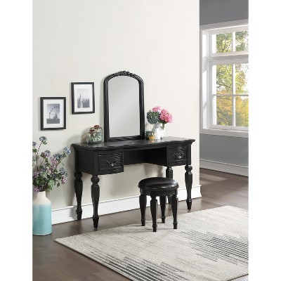 Vynxaria Classic Black Vanity Set with Carved Mirror, Stool, and Storage Drawers