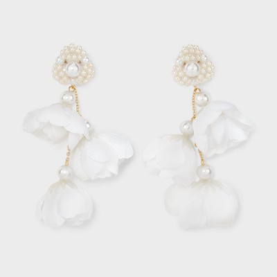 Pearl Cluster Earrings with Fabric Flowers - Off-White