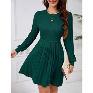 WhizMax Women's 2024 Long Sleeve Mini Sweater Dress Crewneck Ribbed Knit A Line Pleated Swing Short Dresses - 1 of 4