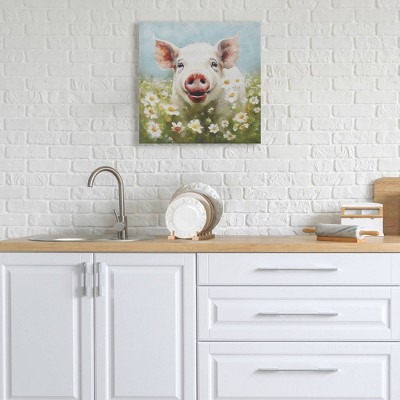 16" x 16" Happy Pig Canvas Wall Art in Green Field