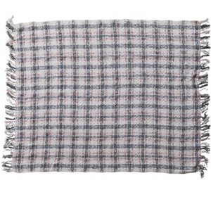 Storied Home Hand-Woven and New Zealand Wool Slub Throw with Fringe, Grey and Natural Plaid - 1 of 2
